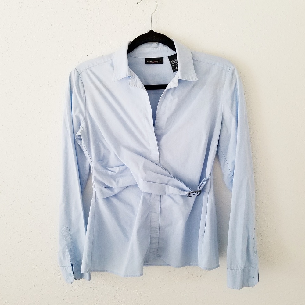NY&CO Blue 2 Buckle Belt Button Down Shirt Pleated